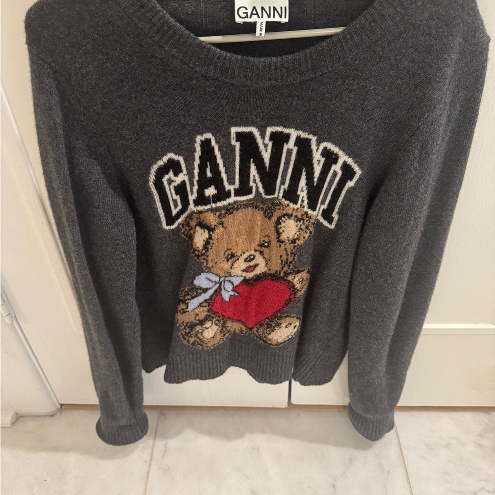 Ganni Charcoal Sweater with Teddy Bear Design